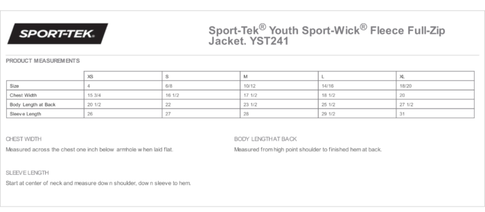 KCA Youth Jacket Measurements